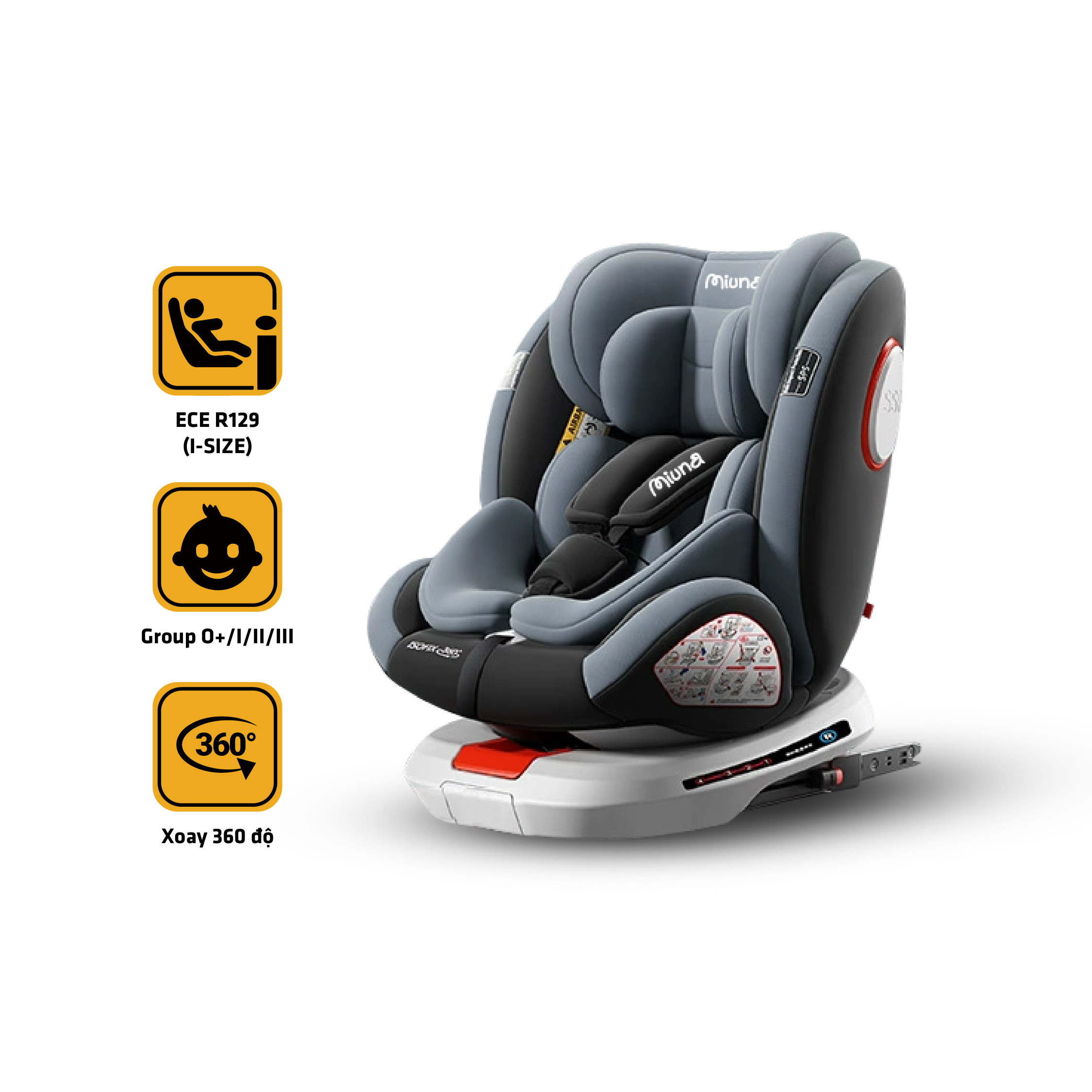 Ghế ngồi ô tô cho bé Miuna MI100 Tiêu chuẩn i-Size, Xoay 360°, Lắp đặt ISOFIX