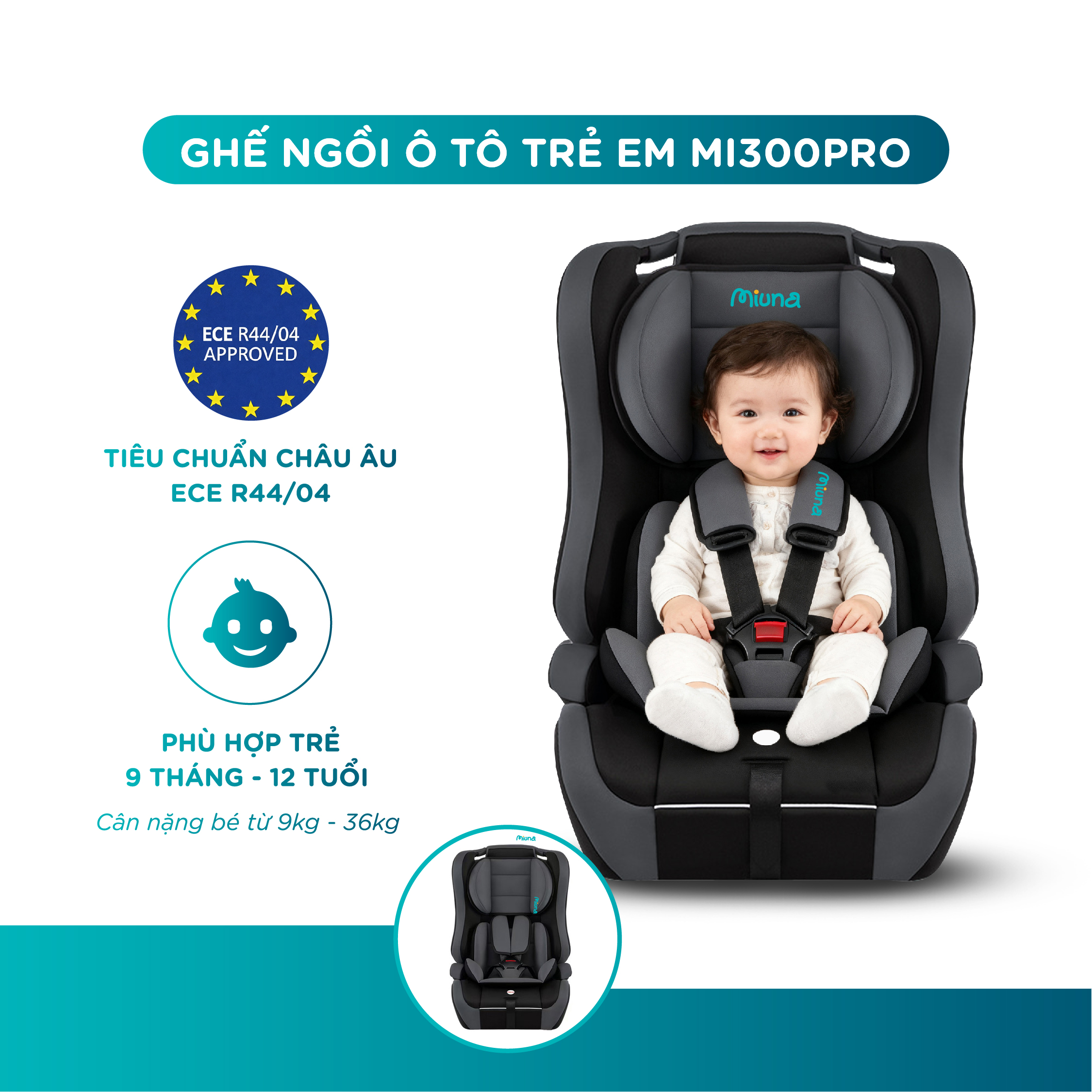 Ghế ngồi ô tô cho bé Miuna MI300pro đạt chuẩn Châu Âu ECE R44 (từ 9m-12y) - Ảnh 2