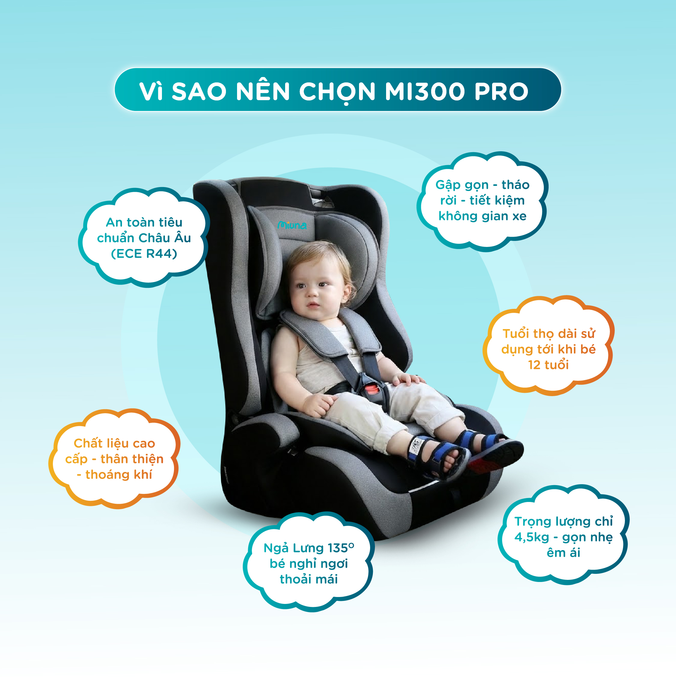 Ghế ngồi ô tô cho bé Miuna MI300pro đạt chuẩn Châu Âu ECE R44 (từ 9m-12y) - Ảnh 3