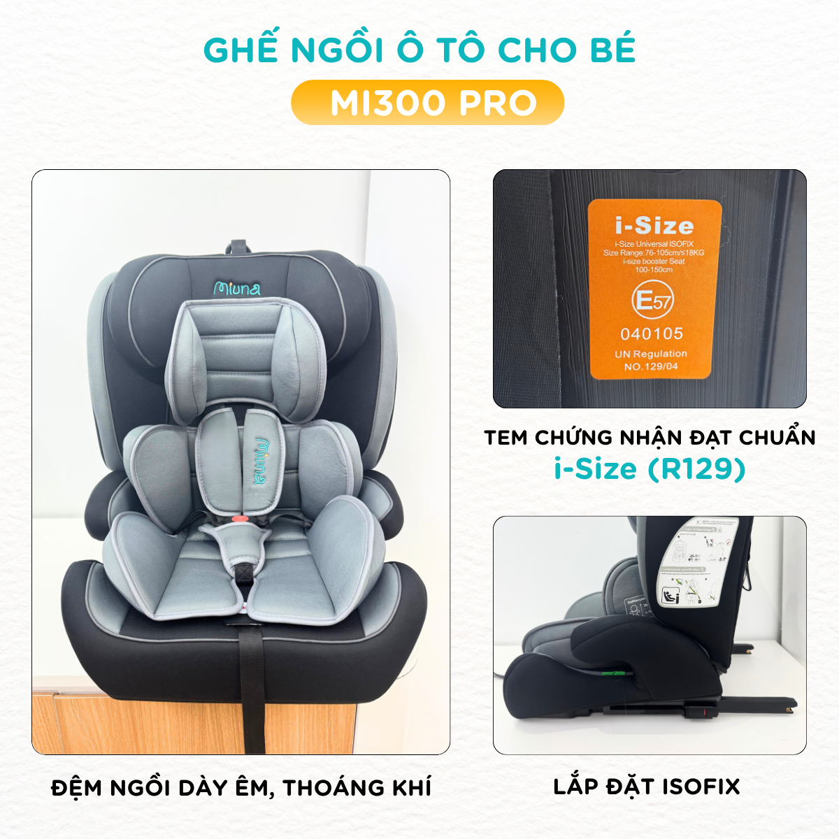 Ghế ô tô trẻ em Miuna Mi300pro Đạt chuẩn i-Size, Lắp đặt ISOFIX (9m-12y) - Ảnh 13