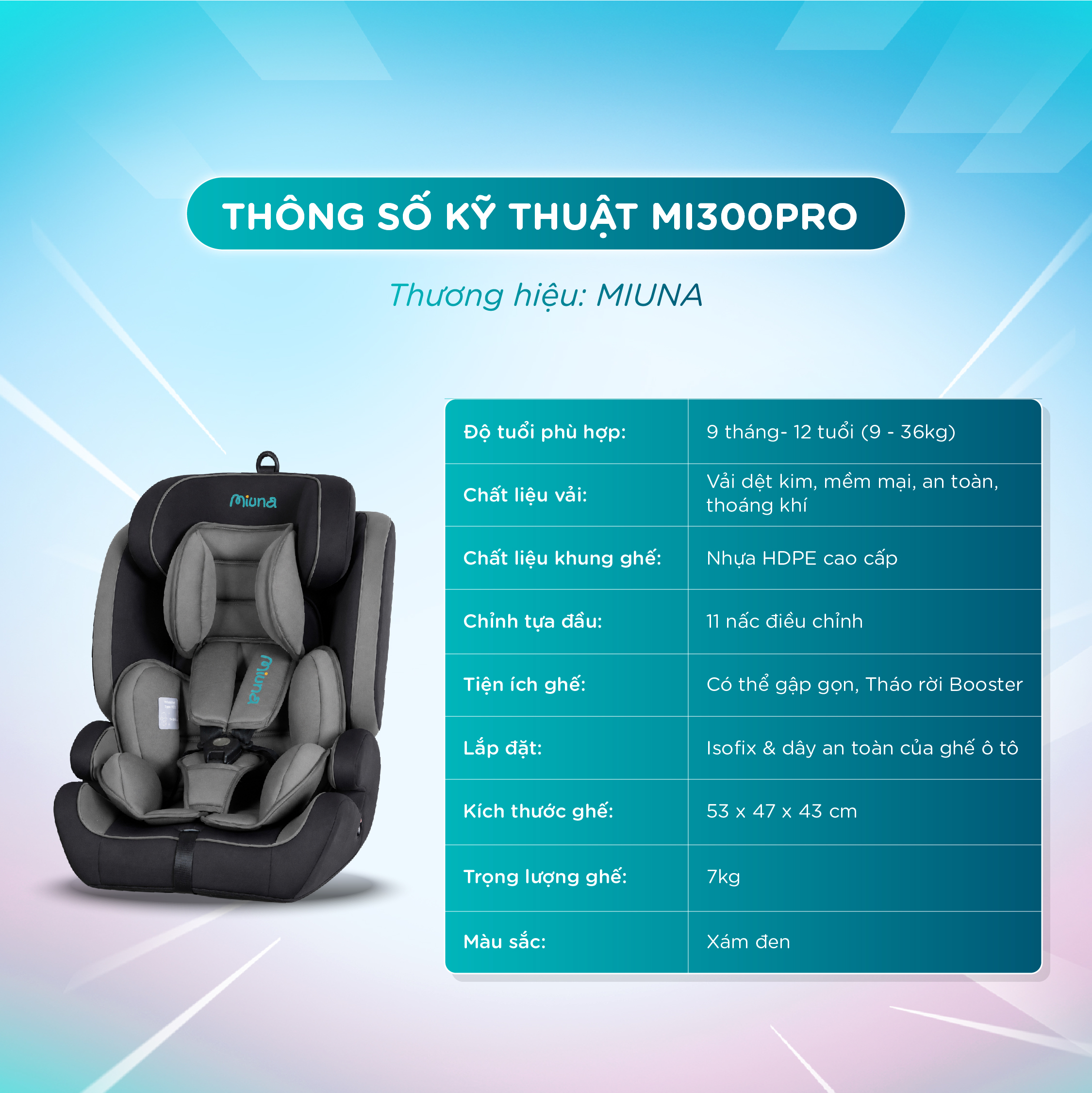 Ghế ô tô trẻ em Miuna Mi300pro Đạt chuẩn i-Size, Lắp đặt ISOFIX (9m-12y) - Ảnh 10